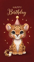 Adorably cute baby cheetah wearing a party hat celebrates a joyful birthday with festive confetti and golden sparkles on a rich red background