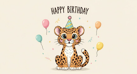 Adorable baby leopard celebrates a joyful birthday with colorful balloons and festive confetti, perfect for invitations and decorations