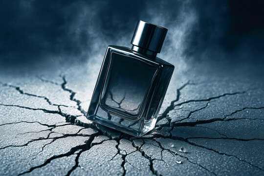 A bottle of men's perfume falls onto the asphalt, causing powerful cracks in the pavement upon impact. 
