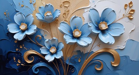 Abstract floral painting: light blue flowers, golden centers, brown stems, textured blue/white background, golden accents, impasto technique, visible brushstrokes.