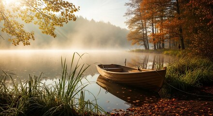 Misty Autumn Morning with Boat on Lake