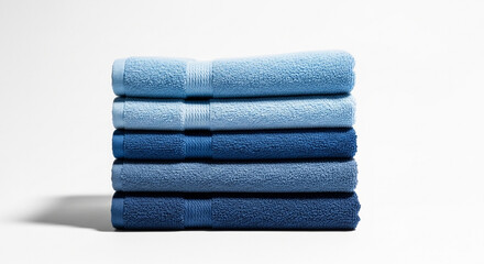 Stack of plush blue towels in varying shades showcasing softness and absorbency perfect for spa or home decor.
