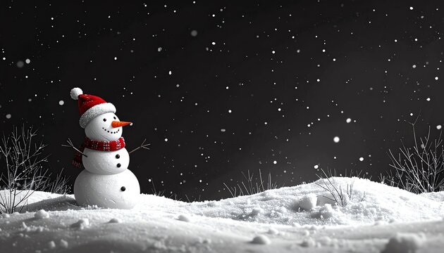niedlicher Schneemann im Schnee steht vor einem schwarzen Hintergrund mit freiem Platz f&uuml;r Text