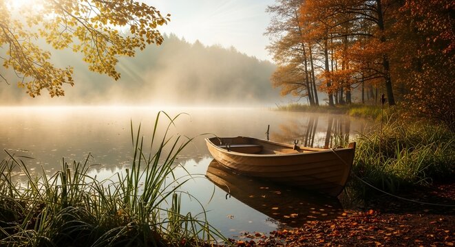 Misty Autumn Morning with Boat on Lake