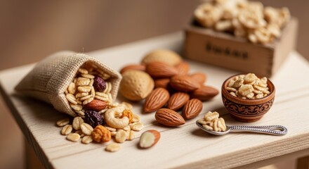 Fototapeta premium A variety of nuts and dried fruits spilling from a burlap sack, accompanied by almonds, cashews, and peanuts in small bowls, showcasing a healthy and energyrich snack