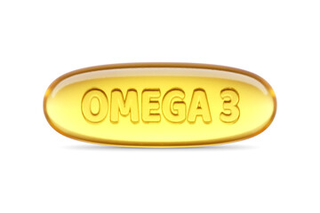 Omega 3 fish oil softgel capsule for health and nutrition isolated. 3D rendering illustration. Transparent PNG image.