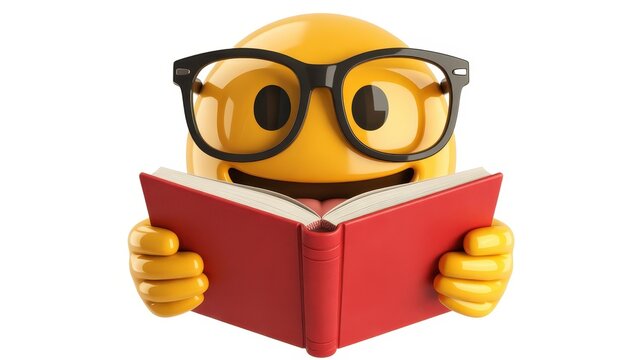 Knowledgeable emoji wearing glasses intently reads a red book