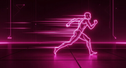 Dynamic neon runner blazes forward through abstract futuristic digital space leaving streaks of light, symbolizing speed and innovation