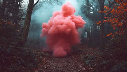 Colorful pink smoke trail on a mysterious forest path with dark trees and fall leaves.