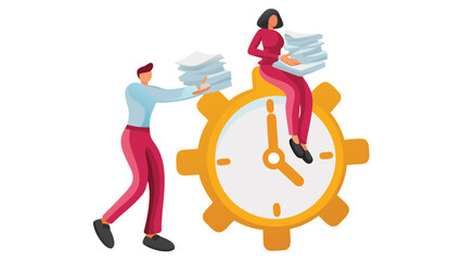 Professional illustration of a person handing a stack of documents to another individual symbolizing business transactions agreement or information exchange in a clean vector graphic