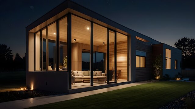 Contemporary Prefab Home Exterior with Large Windows at Night