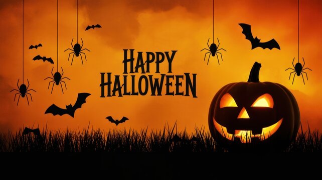 Happy halloween. jack-o-lantern, flying bats, hanging spiders.