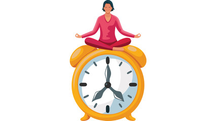 A person is meditating peacefully on top of a ticking clock symbolizing mindfulness and time management in a serene vector illustration