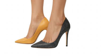 A view of two feet wearing different colored high heels on a black background for fashion purposes