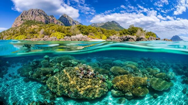 Spectacular Underwater and Island Scenery: Captivating split-level view featuring a tropical island paradise with lush greenery and towering mountains juxtaposed against a vibrant underwater scene.