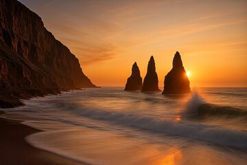 Sunset waves crashing against coastal sea stacks
