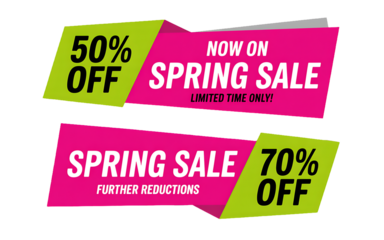 Two pink and green sale banners with 50% and 70% off text