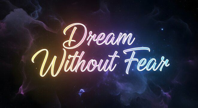 Inspirational neon sign displaying the phrase 'Dream Without Fear' against a cosmic background with colorful nebulae and stars - Powered by Adobe
