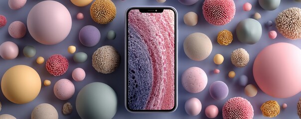 Abstract 3D render of a smartphone surrounded by colorful floating spheres on a purple background