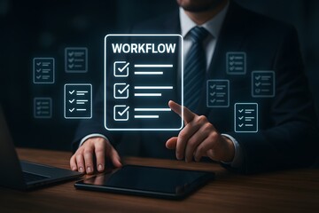 Business professional managing workflow tasks with digital checklist interface