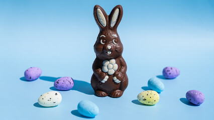 Title: Chocolate easter bunny with colorful eggs on blue background