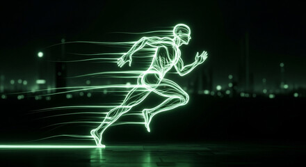 Dynamic neon light runner streaks through abstract cityscape at night, symbolizing speed, progress, and futuristic energy