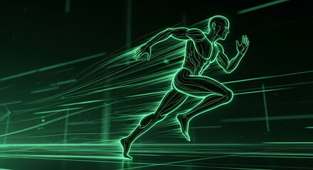 Dynamic neon runner surges forward in a blur of speed, symbolizing innovation, progress, and peak human performance in a futuristic digital landscape.