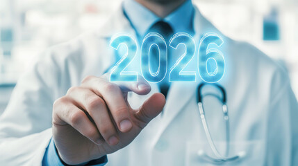 Doctor in white coat points to glowing numbers 2026 in futuristic setting, symbolizing medical innovation and future healthcare