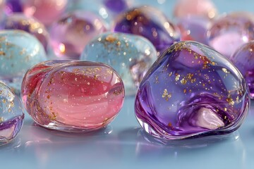 Abstract glass spheres in light purple and blue with gold flecks and reflections for versatile art visuals