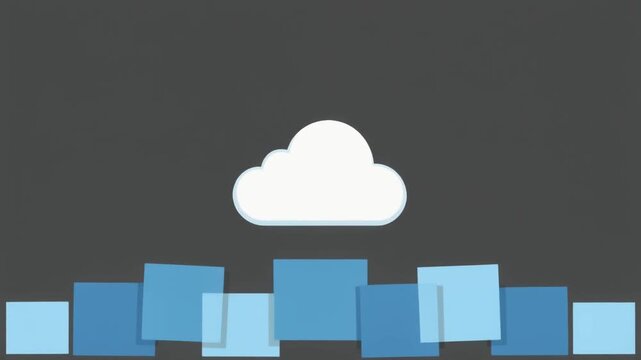 Cloud computing concept with data storage, server, and online services visualized through squares and cloud