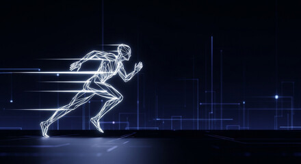 Dynamic digital athlete sprints forward with glowing neon lines symbolizing speed and technological advancement in a futuristic cybernetic landscape.