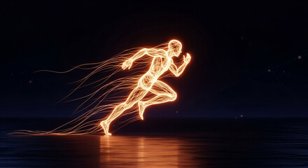 Dynamic neon runner streaks across dark futuristic landscape leaving trails of light, symbolizing speed and progress