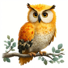 Fototapeta premium colorful owl illustration perched on a branch, fluffy detailed feathers in warm orange and cream tones, big expressive eyes, charming woodland bird in high-quality digital art on white background.