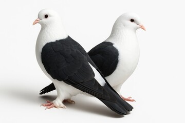 Fototapeta premium Two Lahore pigeons back to back on white background necks arched in opposite directions for bird breeding love and pairing themes
