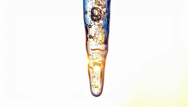 A close-up shot focuses on the tip of a melting icicle, illuminated by golden light and filled with small bubbles, against a bright white background.