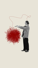 Expressive artwork of man reaching toward chaotic red scribble ball with emotional tension. Concept...