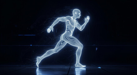 Dynamic digital runner silhouette glowing with energy, representing progress, speed, and futuristic human potential in a dark, sleek environment