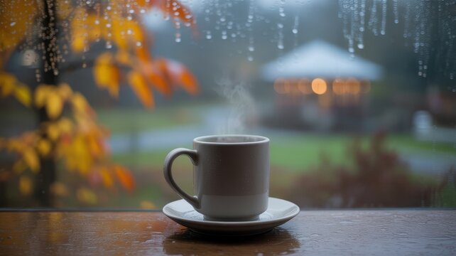 Warm steaming mug on wet wooden surface on a rainy autumn day