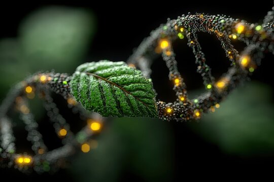 Green DNA double helix with glowing bioluminescent accents in a high tech rendering - Powered by Adobe