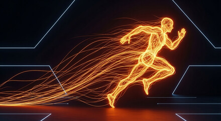 Dynamic abstract human form ablaze with energy streaks forward, symbolizing speed, power, and unstoppable momentum in a futuristic digital landscape.