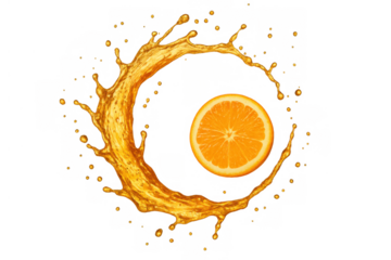 Refreshing orange juice splashing in a dynamic circular shape around a halved citrus fruit on a transparent background