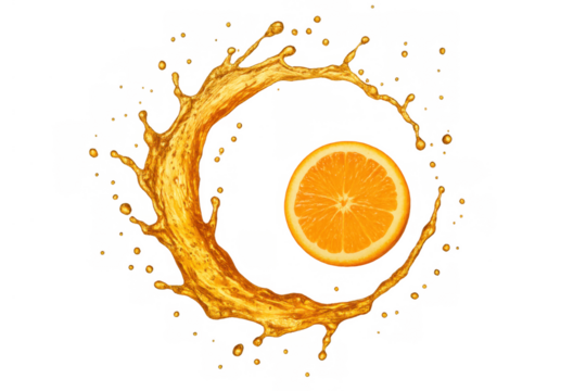 Refreshing orange juice splashing in a dynamic circular shape around a halved citrus fruit on a transparent background