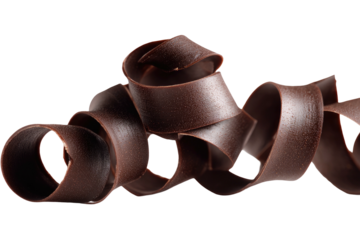 A single dark brown chocolate curl spirals and twists on a black background