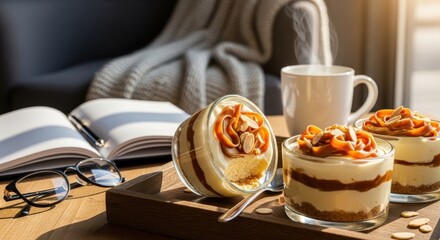 Cozy reading nook with a warm cup of coffee and two delicate trifles served in glass jars, accompanied by an open book and eyeglasses, creating a perfect atmosphere for relaxation and indulgence