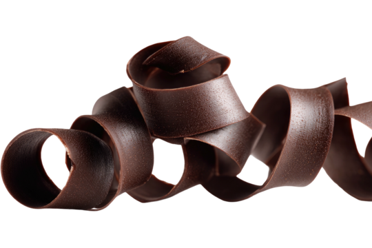 A single dark brown chocolate curl spirals and twists on a black background