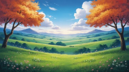 Vibrant autumn trees frame a lush green valley under blue sky