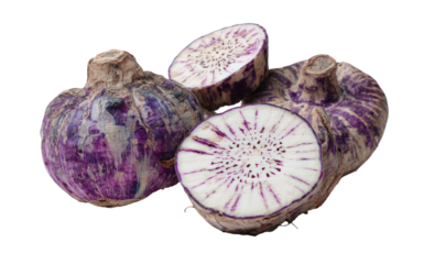 Purple striped bulbs, one sliced revealing radial pattern