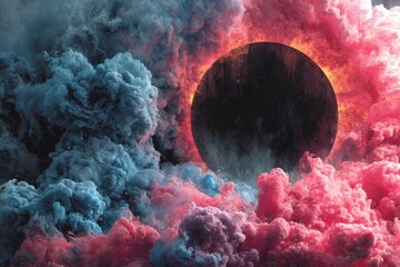 Black circle at center surrounded by pink and blue clouds, a dramatic cosmic art scene