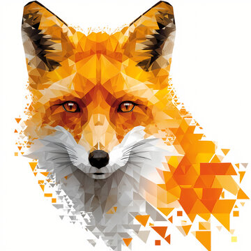 Geometric fox illustration, low poly fox portrait, modern polygonal animal art, orange fox head on white background