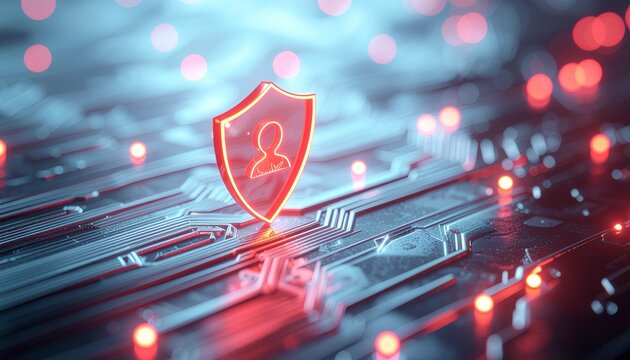 Digital Shield of Protection: A glowing shield symbol, representing security and protection, is superimposed on a complex circuit board, symbolizing data safeguarding and digital security.